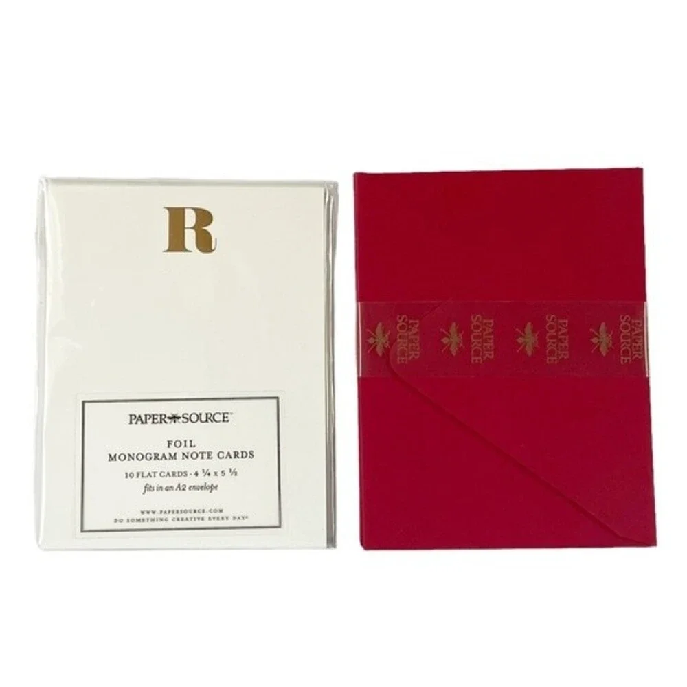 Monogram Notecard Set Gold Foil Print “R” White Card With Red Envelopes Set/10